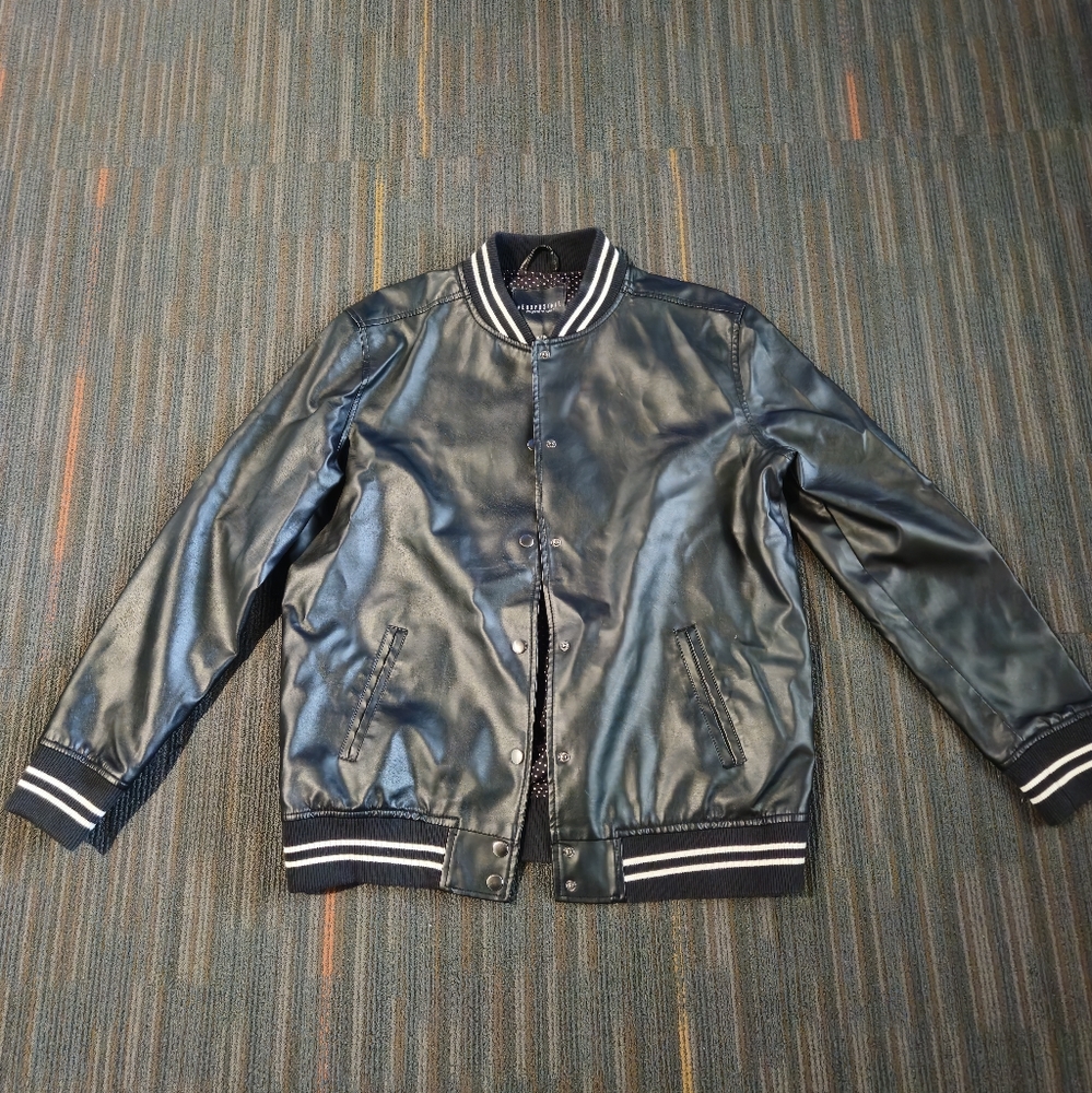 Aeropostale Black Faux Leather Jacket Womans Medium Polka Dot Lining